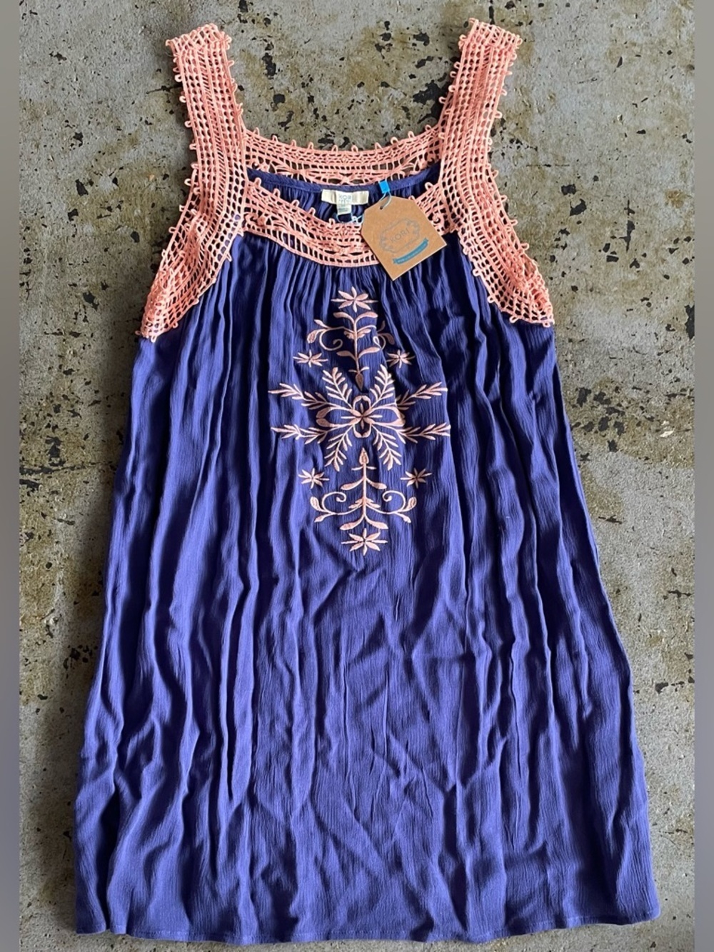 Kori America Dress with Peach Crocheted Neckline and Floral Embroidery Detail M